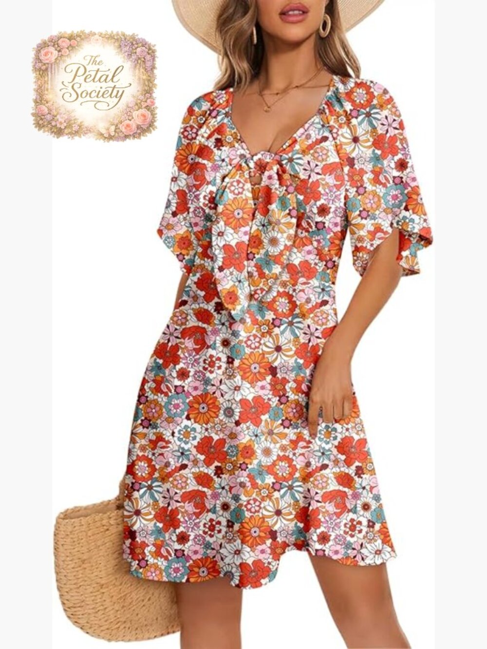 Deep V Neck Bow Tie Mini Dress with Floral Sleeves S-XL Summer Casual